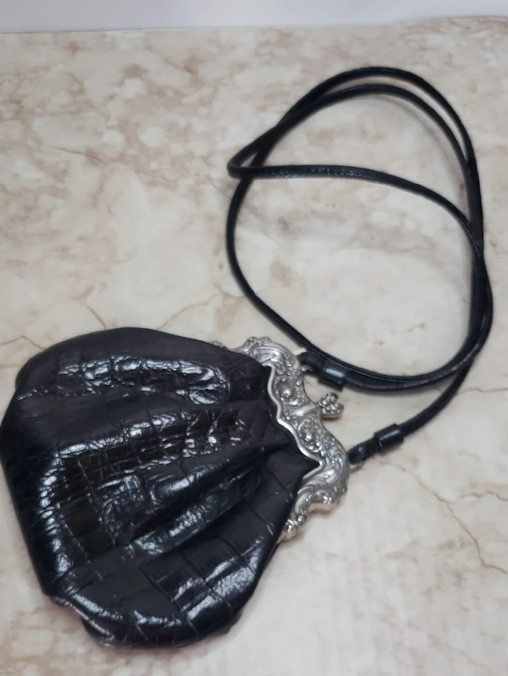 Brighton One World Black Leather Embossed Croc Crossbody Bag with Silver Frame